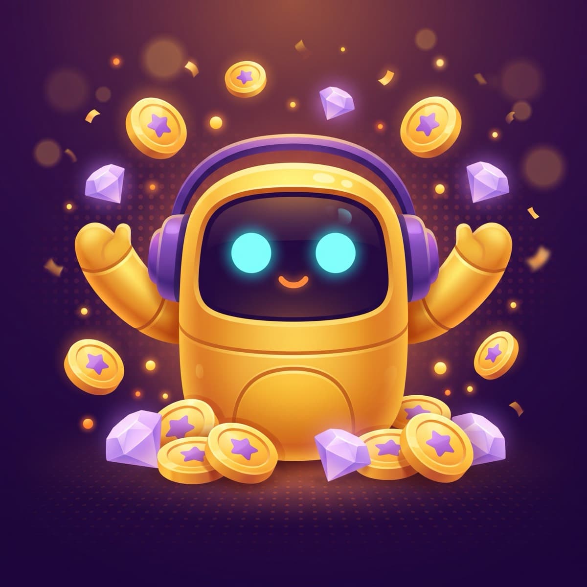 Bit, the RobuxQuiz mascot, celebrating with a burst of coins and gems