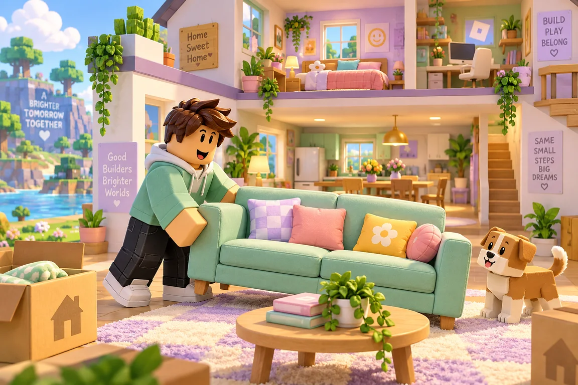A blocky character arranging a sofa in a bright, plant-filled home with a puppy