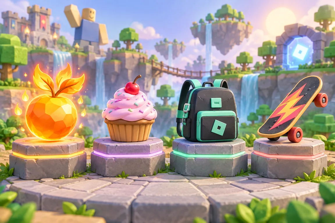 Four playful game collectibles on separate stone plinths: one glowing orange fruit with flame-shaped leaves, one cupcake, one backpack, one skateboard. All clearly visible, no labels.