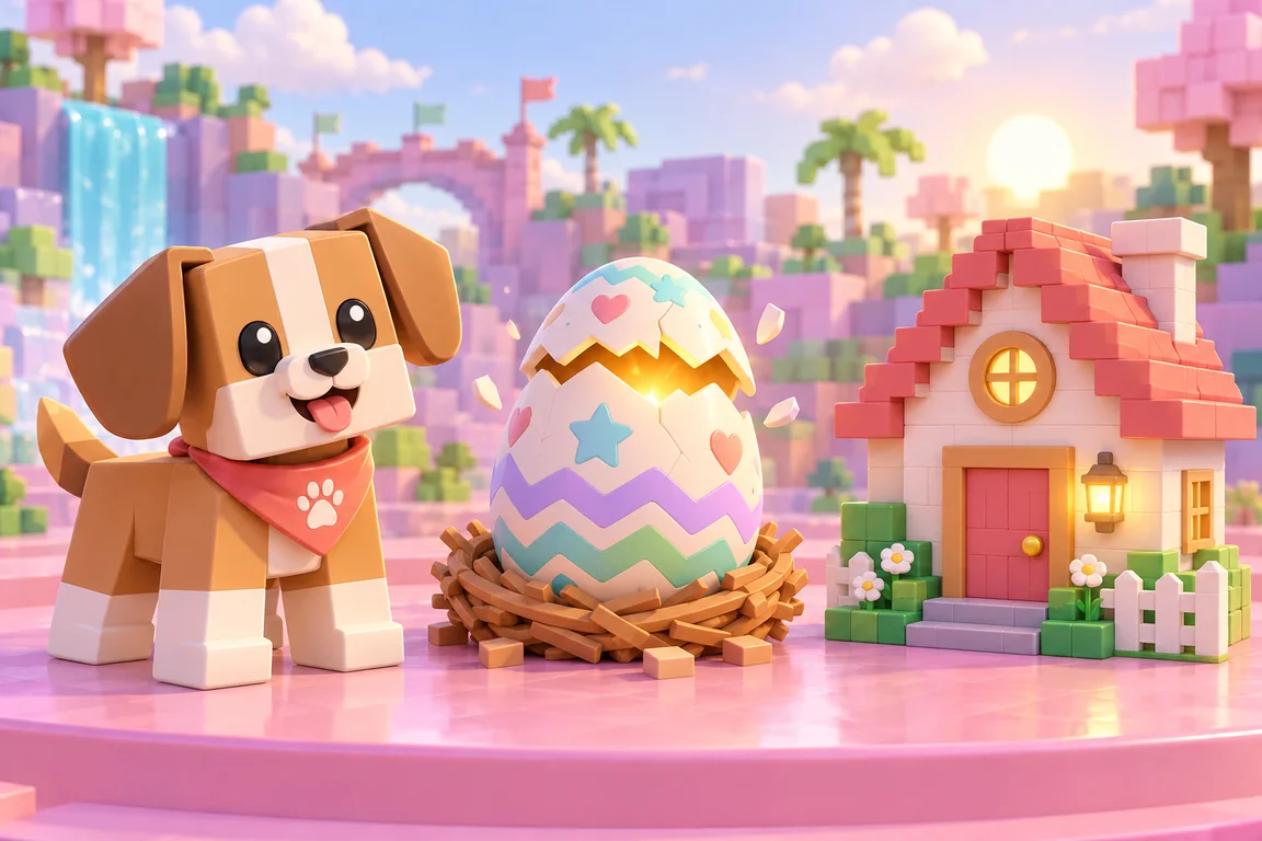 Three beautifully rendered toy objects on a pastel pink stage: an adorable puppy, a patterned hatching egg, and a tiny cozy house; separated equal visual weight, no labels.