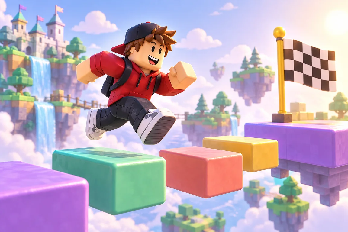 Three beautifully rendered toy objects on a lavender stage: a running block-shaped adventurer, colorful floating obstacle blocks, and a checkered finish flag; no text.