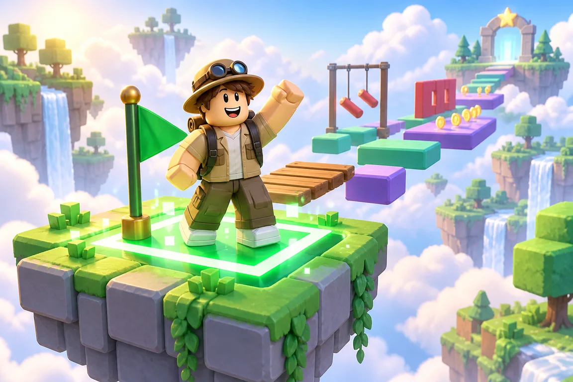 A blocky explorer reaching a glowing green checkpoint flag on a floating obby island
