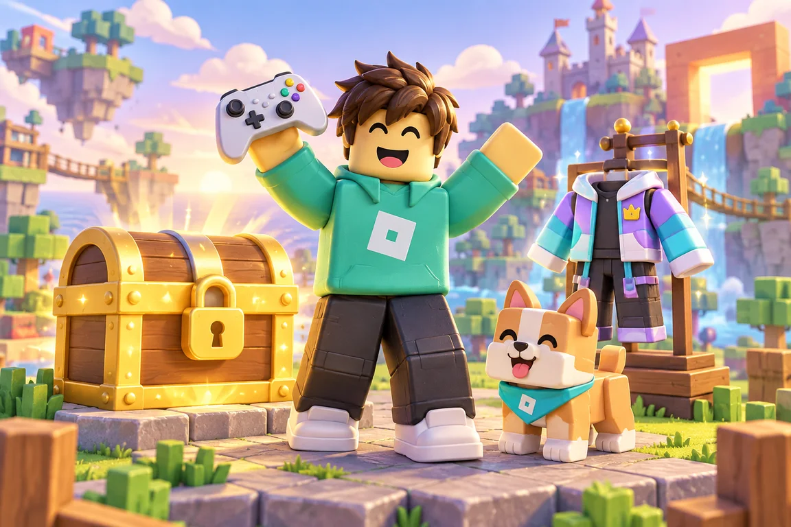 A cheerful blocky player with a game controller beside a treasure chest, an outfit rack and a corgi