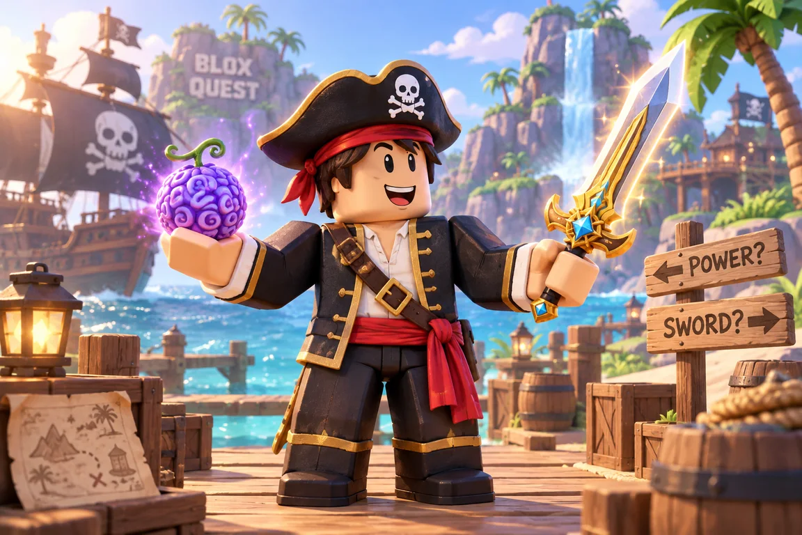 An island pirate comparing a fruit power orb and a shiny fantasy sword held in each hand, friendly stylized action game atmosphere.