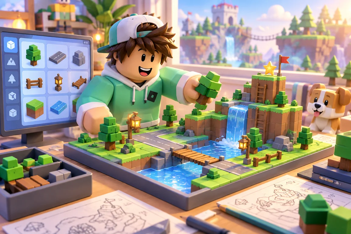 A blocky creator building a miniature island world at a desk