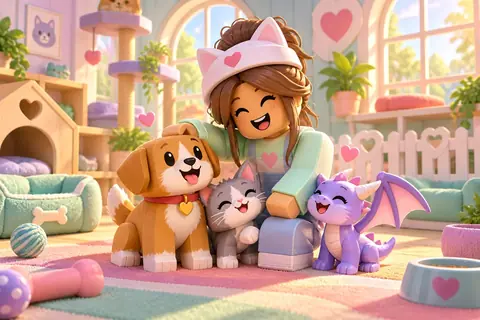 A smiling blocky girl hugging a puppy, a kitten and a little purple dragon in a cosy pet room