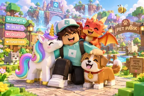 A blocky boy hugging a unicorn, a dragon and a puppy at a sunny pet park