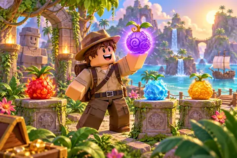 A blocky explorer holding a glowing purple fruit beside stone pedestals of colourful fruits