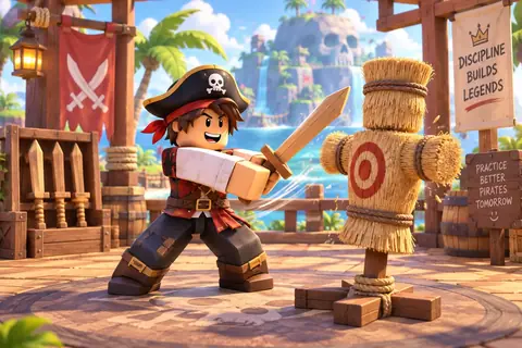 A blocky pirate swordsman training against a straw dummy on a harbour dock