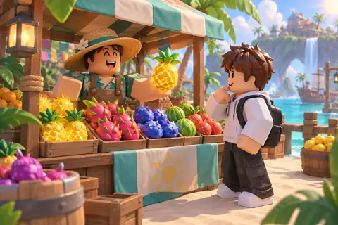 A blocky shopper at a market stall piled with colourful fruit beside the sea