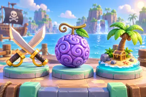 Crossed swords, a swirled purple fruit and a palm-tree island on pedestals by the sea