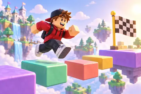 A blocky runner jumping across colourful blocks toward a checkered flag