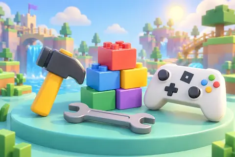 A hammer, toy bricks, a wrench and a game controller on a round stage