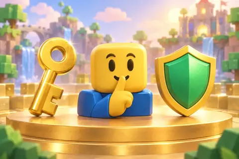 A golden key, a yellow blocky face with a finger to its lips and a green shield