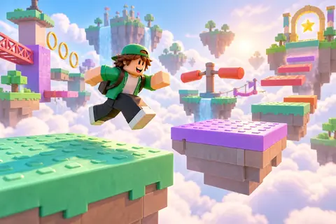 A blocky runner leaping between colourful obstacle course platforms in the sky