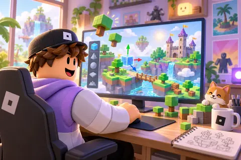 A blocky player at a computer building a colourful game world