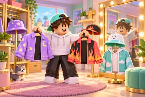 A blocky character choosing jackets and hats in a bright wardrobe room