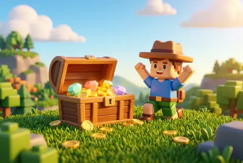 An open wooden treasure chest overflowing with glowing gold coins on a sunlit hill