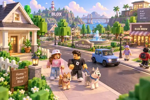 A small seaside town with houses, a boat and blocky residents