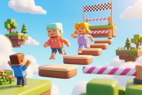 A pastel obstacle course of floating platforms with a checkered finish flag and a runner mid-jump