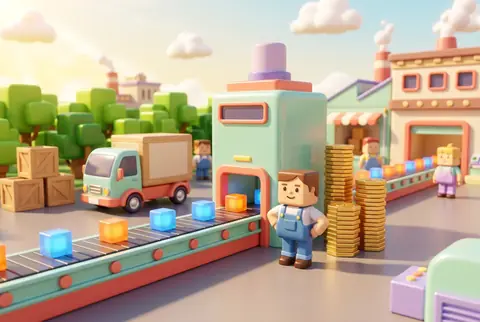 A blocky factory interior with a conveyor belt feeding a machine beside growing stacks of coins