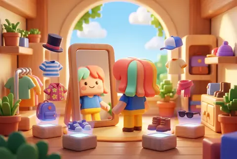 A blocky character at a dressing-room mirror surrounded by floating hats and clothing
