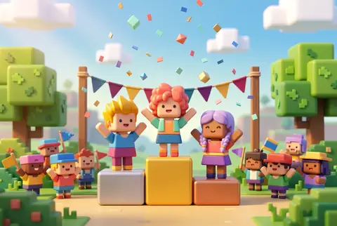 Three blocky characters on a gold, silver and bronze winners podium under falling confetti
