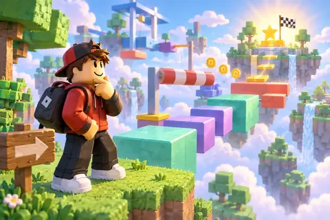 A blocky character thinking at the start of a floating obstacle course