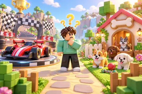 A puzzled blocky character between a race car and a house full of puppies