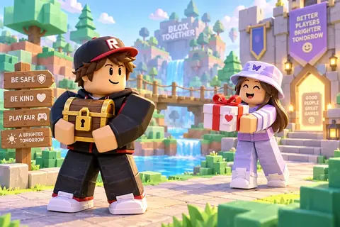A blocky player holding a padlocked bag beside a friend with a gift and signs about staying safe